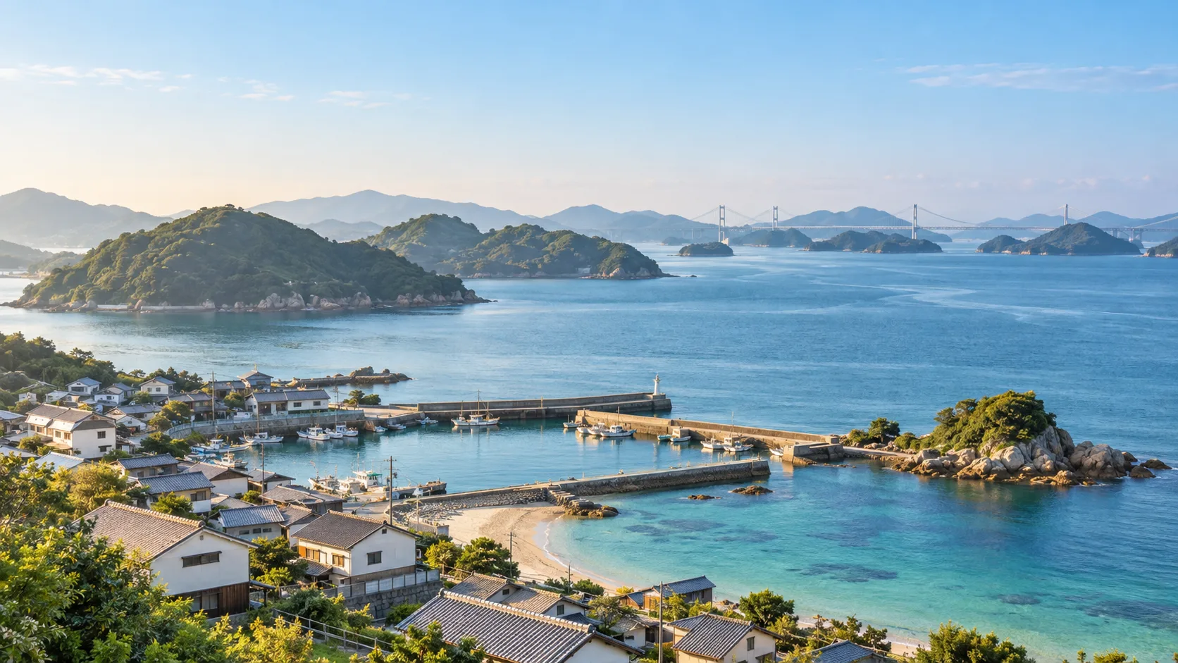 朝の光の中の瀬戸内海の島々と、港のある小さな町