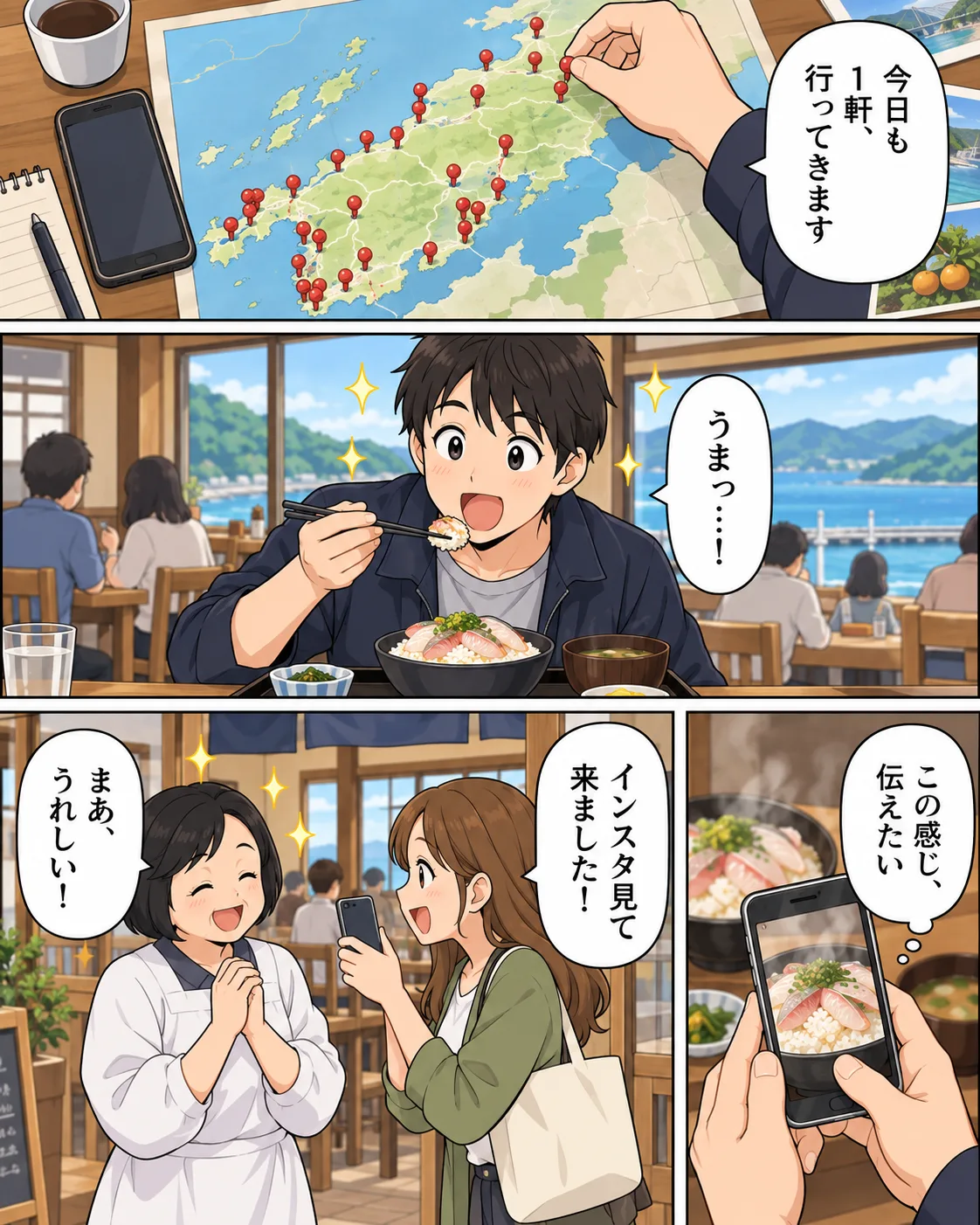 漫画。1コマ目:四国の地図にピンを刺しながら、チチトコが「今日も1軒、行ってきます」。2コマ目:海の見える食堂で海鮮丼を食べて「うまっ…!」。3コマ目:お客さんが店主に「インスタ見て来ました!」、店主は「まあ、うれしい!」。4コマ目:スマホで料理を撮りながら「この感じ、伝えたい」。