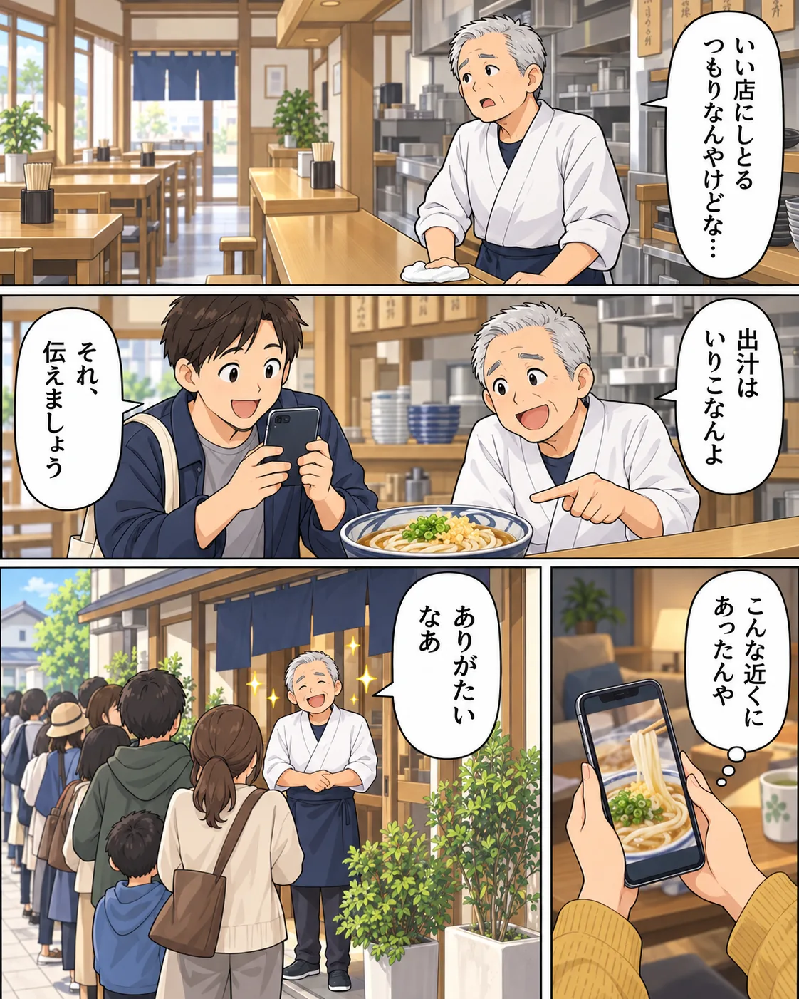 漫画。1コマ目:うどん店の店主が「いい店にしとるつもりなんやけどな…」。2コマ目:店主が「出汁はいりこなんよ」と話し、スマホを構えたチチトコが「それ、伝えましょう」。3コマ目:店の前に行列ができ、店主が「ありがたいなあ」。4コマ目:スマホで紹介を見た人が「こんな近くにあったんや」。
