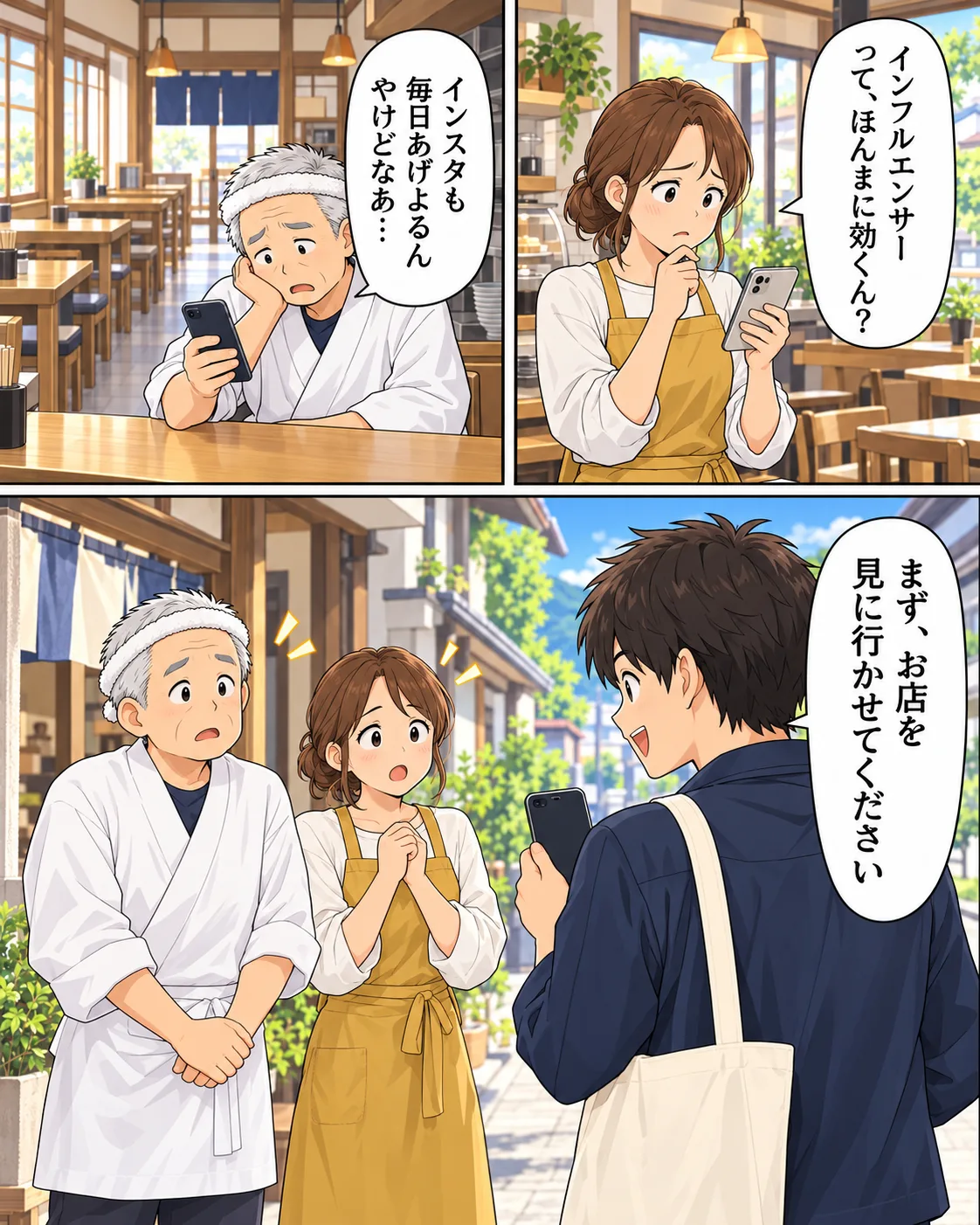 漫画。1コマ目:お昼なのに空席の多いラーメン店で、店主がスマホを見て「インスタも毎日あげよるんやけどなあ…」。2コマ目:カフェの店主がスマホを見て「インフルエンサーって、ほんまに効くん?」。3コマ目:二人の前でスマホを縦に持ったチチトコが「まず、お店を見に行かせてください」。